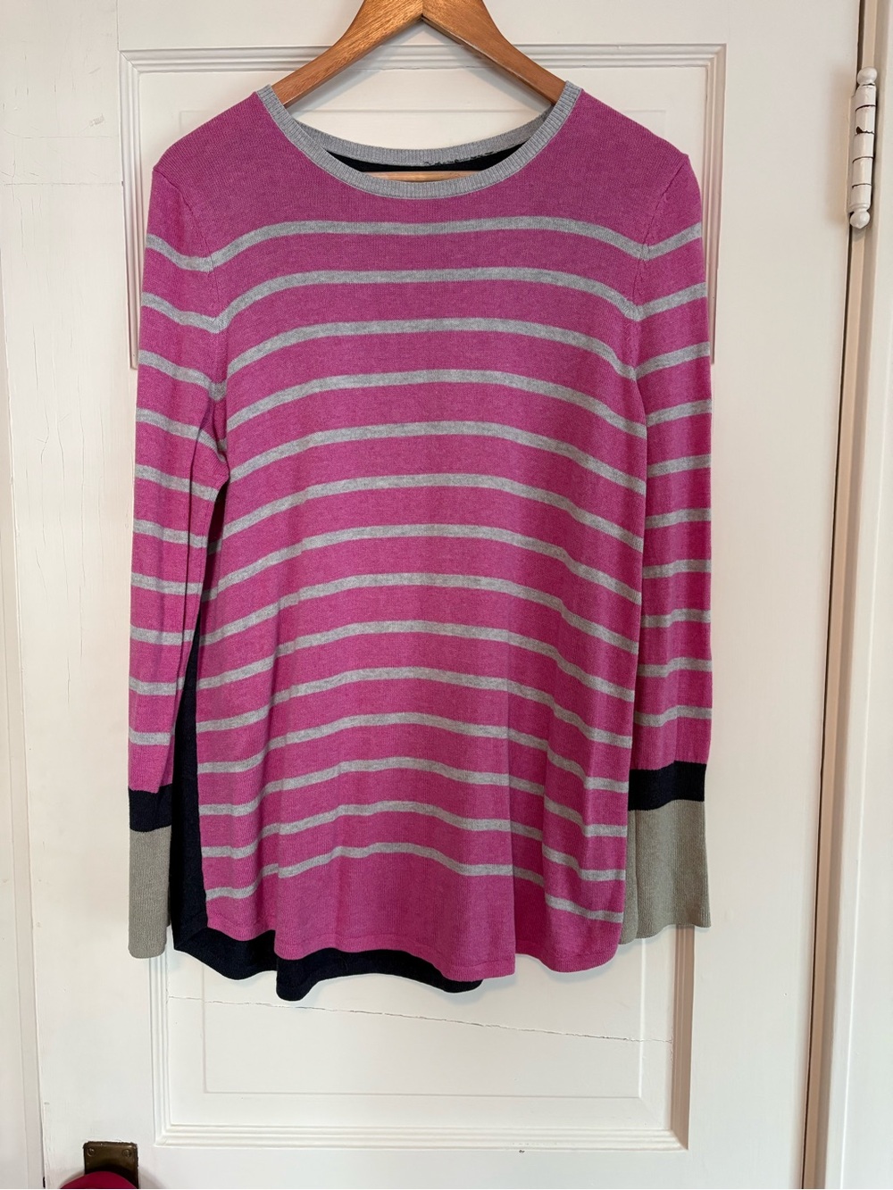 NIC+ZOE Pink and Gray Striped Crewneck Sweater